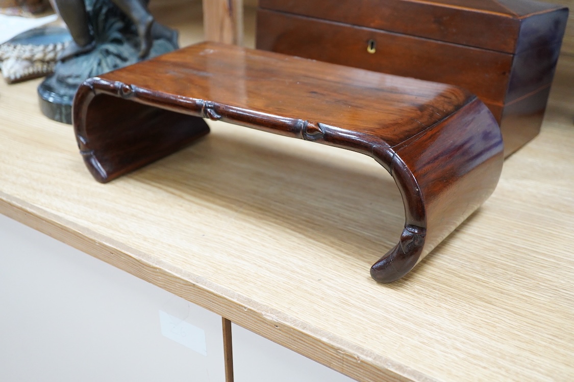 A Chinese padouk wood stand and a Victorian mahogany tea caddy, largest 36cm wide